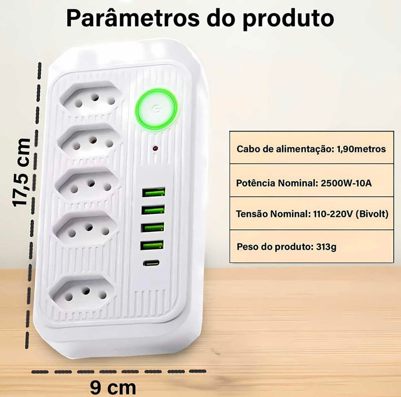 Extensão 5 Tomadas + 4 USB